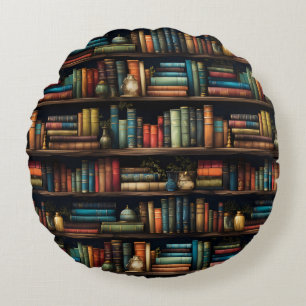 Vintage Books on Bookshelf Pattern Round Pillow