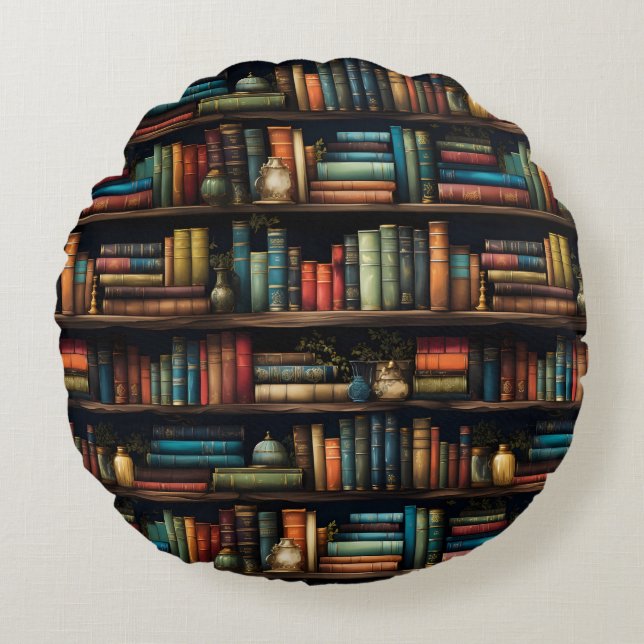 Vintage Books on Bookshelf Pattern Round Pillow (Front)