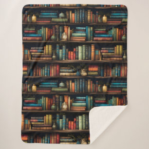 Vintage Books on Bookshelf Pattern Sherpa Blanket