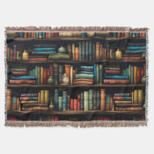 Vintage Books on Bookshelf Pattern Throw Blanket