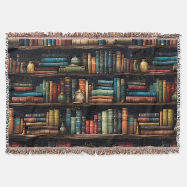 Vintage Books on Bookshelf Pattern Throw Blanket (Front)