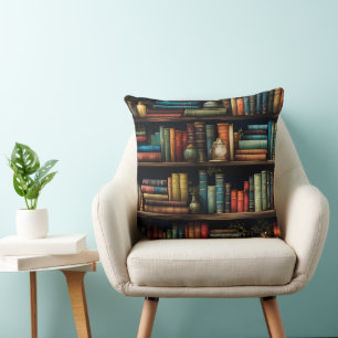 Vintage Books on Bookshelf Pattern Throw Pillow