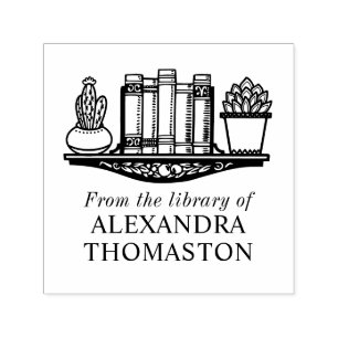 Vintage Books on Shelf with Plants Library Name  Self-inking Stamp