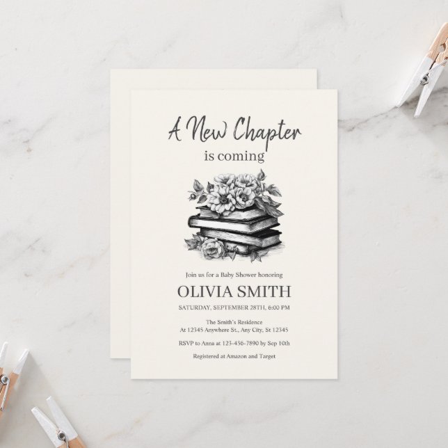 Vintage Books With Flowers, Black and White Invitation (Front/Back In Situ)