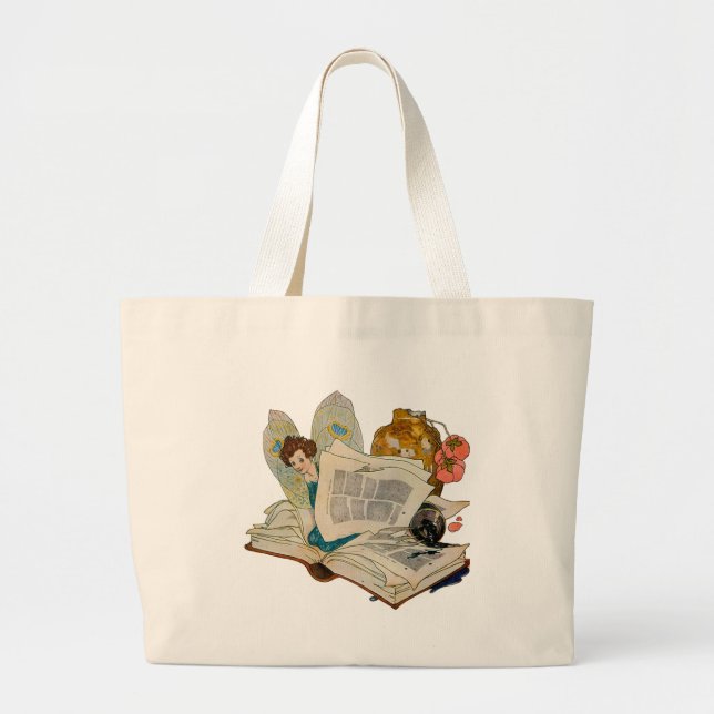 Vintage Bookworm Fairy Reading Illustration Large Tote Bag (Front)