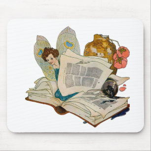 Vintage Bookworm Fairy Reading Illustration Mouse Pad