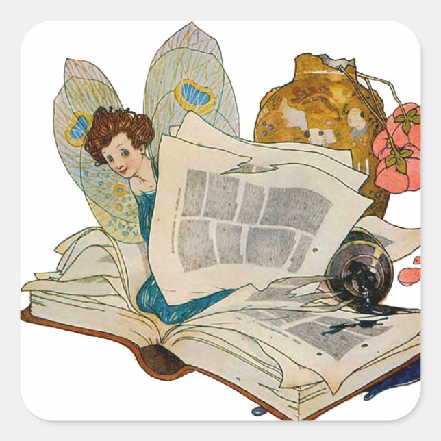 Vintage Bookworm Fairy Reading Illustration Square Sticker (Front)
