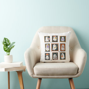 Vintage Bookworm Ghosts Stamps Halloween Throw Pillow