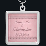 Vintage Bordeaux Deco Lace on Pink Wedding Silver Plated Necklace<br><div class="desc">A vintage style invitation for your upcoming nuptials featuring a bordeaux coloured art deco style lace trim on a pink background with a subtle damask pattern. The text is fully customizable for your own special occasion. This elegant design coordinates with the Vintage Bordeaux Deco Lace on Pink Wedding Collection. If...</div>