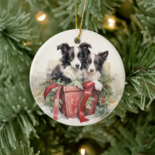 Vintage Border Collie Christmas Ceramic Ornament