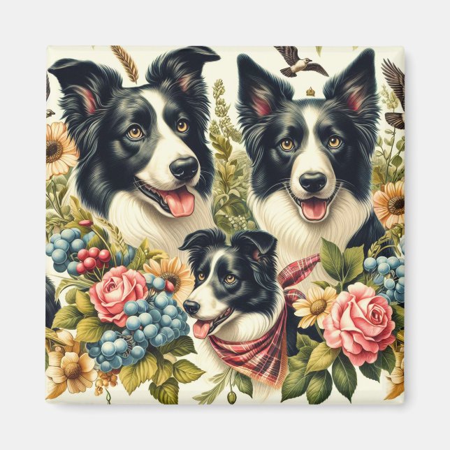 Vintage Border Collie Illustration Magnet (Front)