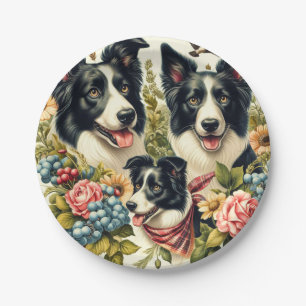 Vintage Border Collie Illustration Paper Plate