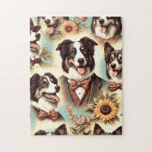 Vintage Border Collie Iluustration Jigsaw Puzzle