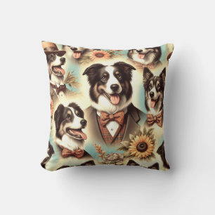 Vintage Border Collie Iluustration Throw Pillow
