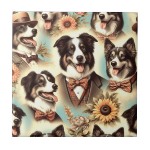 Vintage Border Collie Iluustration Tile