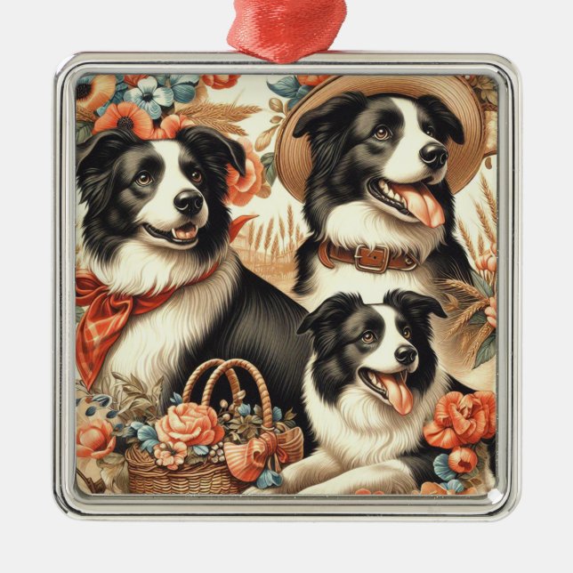 Vintage Border Collie  Painting Metal Ornament (Front)