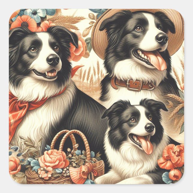 Vintage Border Collie  Painting Square Sticker (Front)