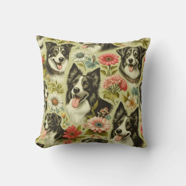 Vintage Border Collie Painting Throw Pillow (Front)