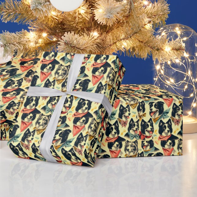Vintage Border Collie Seamless Wrapping Paper (Holidays)
