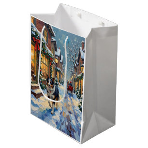 Vintage Border Collie Snowy Village Christmas Medium Gift Bag