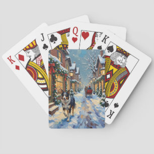 Vintage Border Collie Snowy Village Christmas Playing Cards