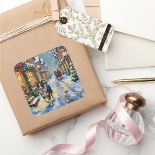 Vintage Border Collie Snowy Village Christmas Square Sticker