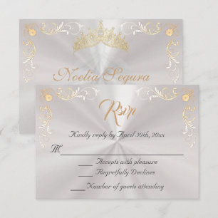 Vintage Border Quinceanera - Pearl White/Gold RSVP Card