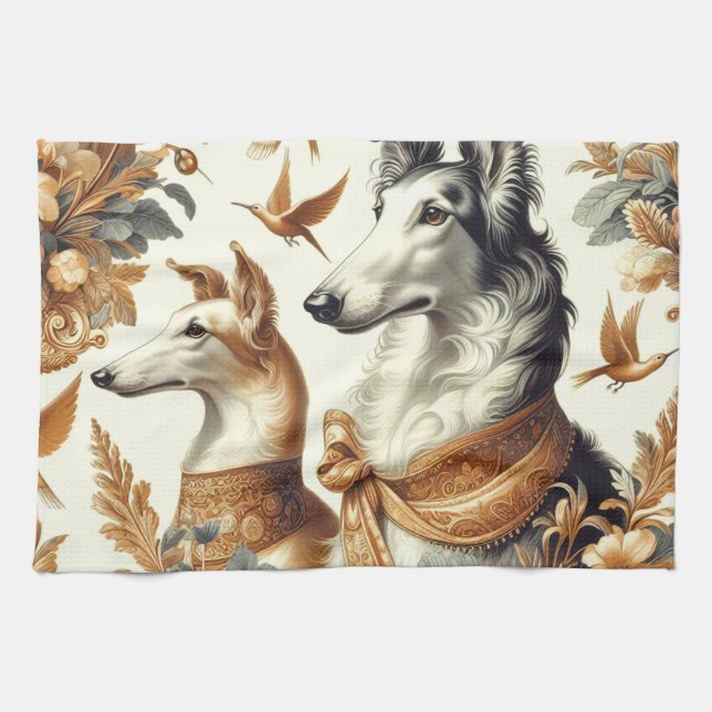 Vintage Borzoi Dog Illustration Kitchen Towel (Horizontal)