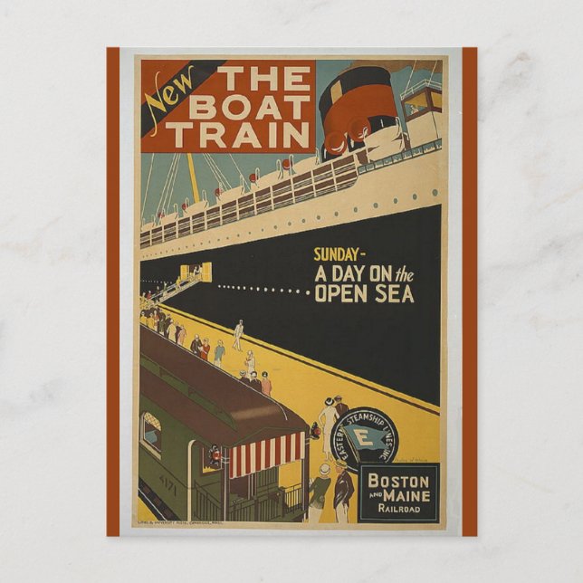 Vintage Boston Maine Railroad Boat Train Postcard (Front)