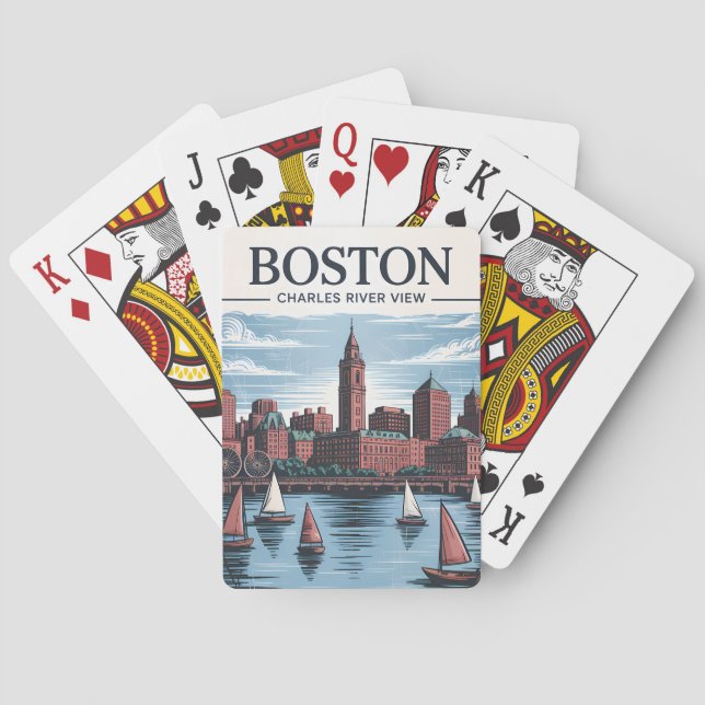 Vintage Boston Massachusetts Cityscape & Sailboats Playing Cards (Back)