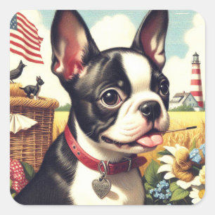 Vintage Boston Terrier Illustration Square Sticker