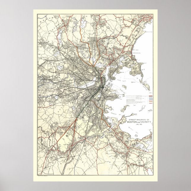 Vintage Boston Transit Line Map (1914) Poster (Front)