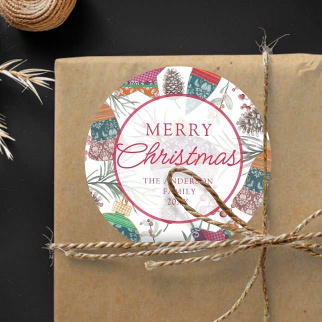 Vintage Botancial Red Merry Christmas Classic Round Sticker (Creator Uploaded)