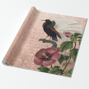 Vintage Botanical and Bird on Pink Wrapping Paper