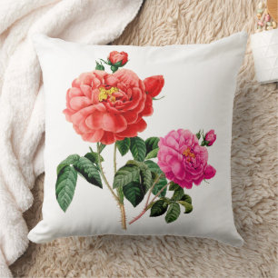 vintage botanical art pink and red rose flowers throw pillow