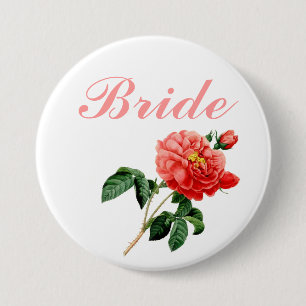 vintage botanical art red rose flowers bride 3 inch round button