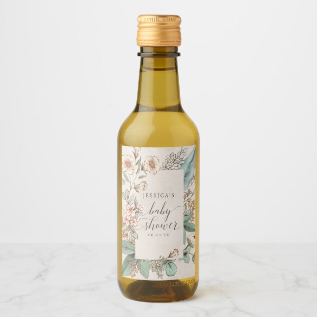 Vintage Botanical Baby Shower Mini Wine Label (Front)