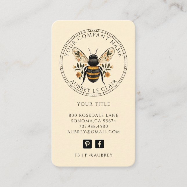 Vintage Botanical Bee Logo Template Business Card (Front)