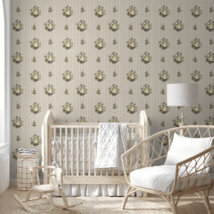 Vintage Botanical Beige Flower Ticking Stripes Wallpaper