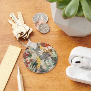 Vintage Botanical Bird Nature Antique Tropical Keychain