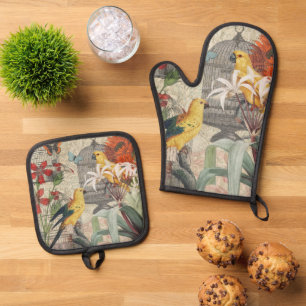 Vintage Botanical Bird Nature Antique Tropical Oven Mitt & Pot Holder Set