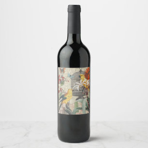Vintage Botanical Bird Nature Antique Tropical  Wine Label
