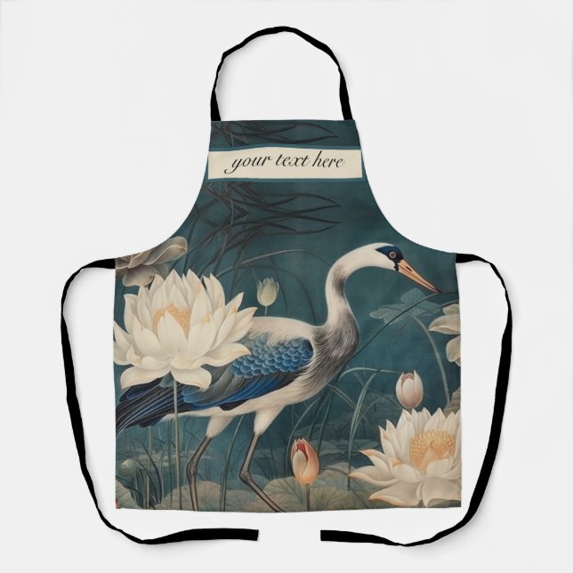 Vintage botanical blue crane customizable  apron (Front)