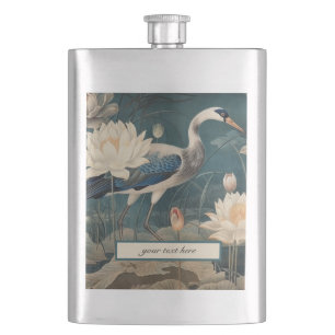 Vintage botanical blue crane customizable  hip flask