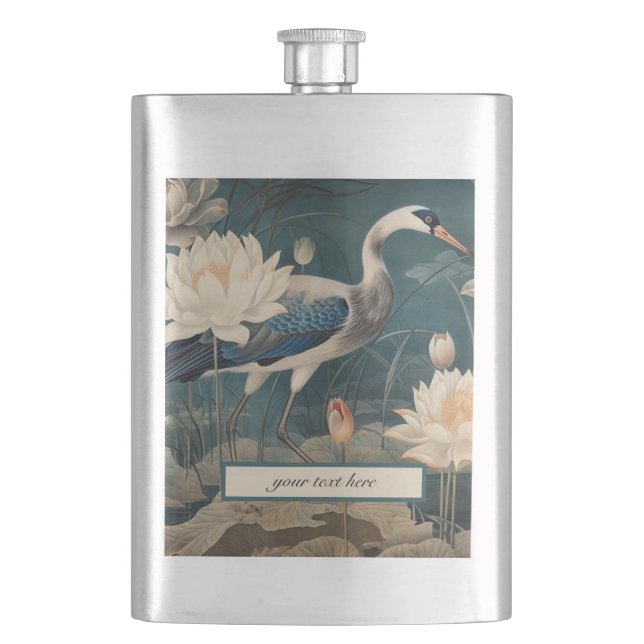 Vintage botanical blue crane customizable  hip flask (Front)