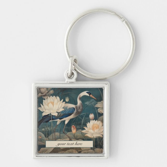 Vintage botanical blue crane customizable  keychain (Front)