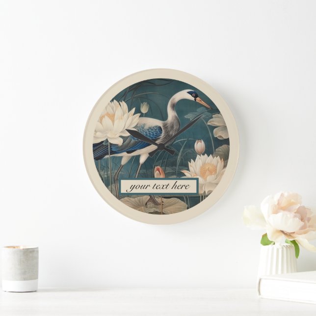 Vintage botanical blue crane customizable  large clock (Home)