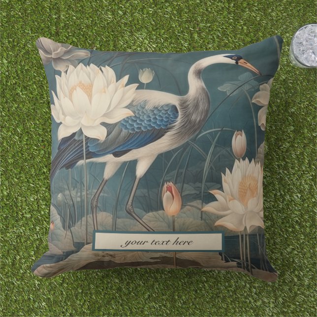 Vintage botanical blue crane customizable  outdoor pillow (Grass)