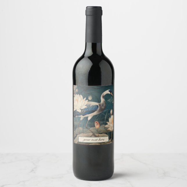 Vintage botanical blue crane customizable  wine label (Front)