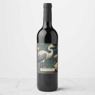Vintage botanical blue crane customizable  wine label